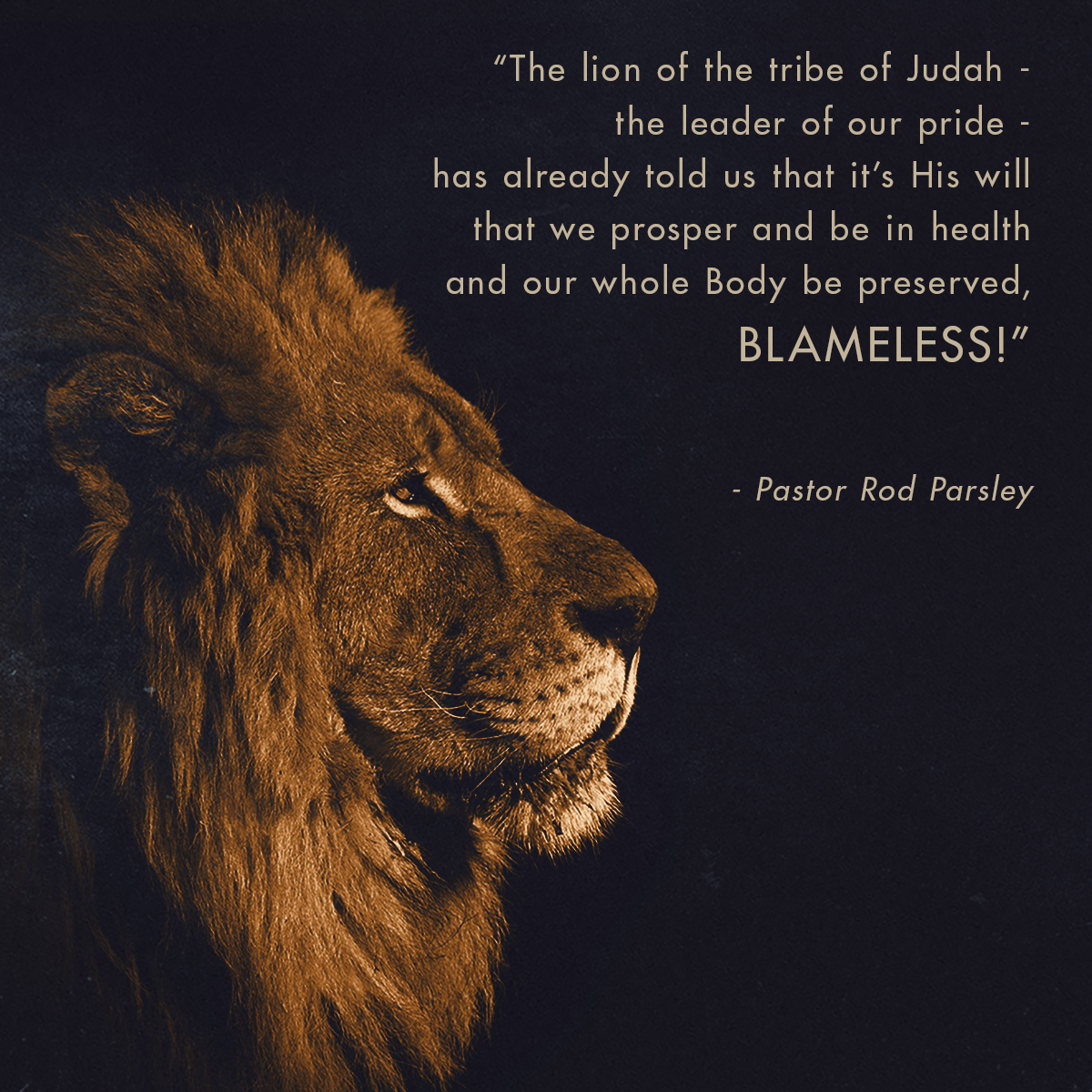 “The lion of the tribe of Judah – the leader of our pride – has already told us that it’s His will that we prosper and be in health and our whole Body be preserved, blameless!” – Pastor Rod Parsley