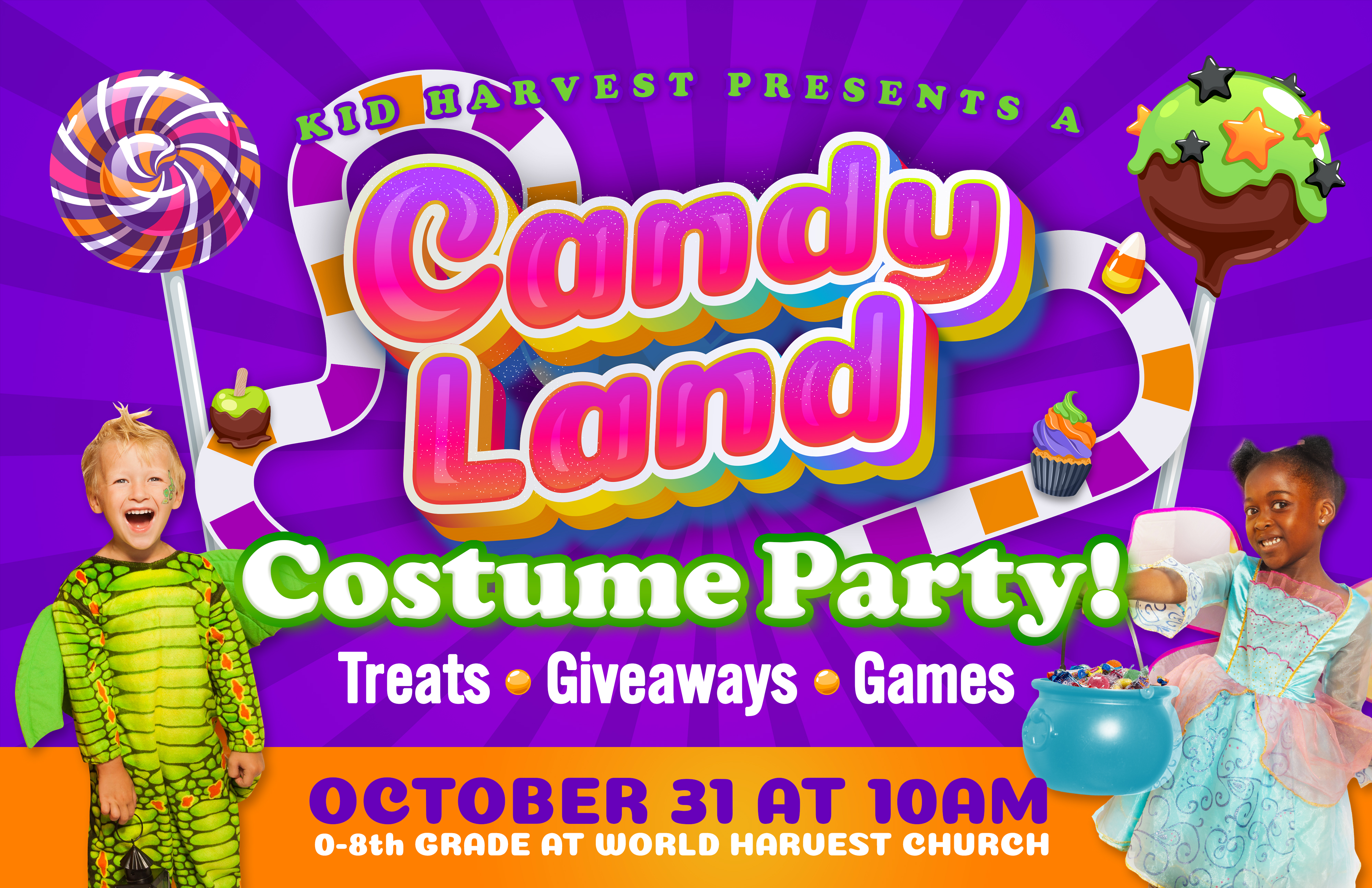 Kid Harvest Presents a Candy Land Costume Party! Treats Giveaways Games October 31 at 10AM 0-8th Grade at World HArvest Church